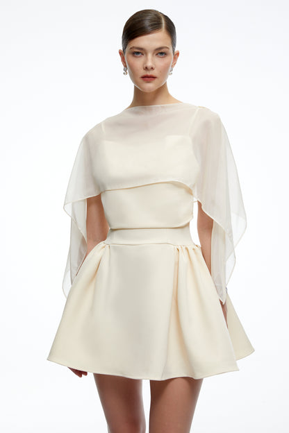 Madeleine Neutral Semi-Sheer Flared Mini Dress with Shawl