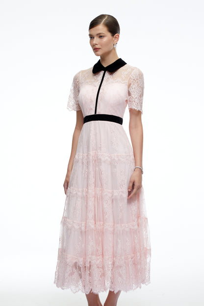 Aveline Pink Floral Lace Tiered Midi Dress