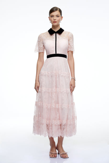Aveline Pink Floral Lace Tiered Midi Dress