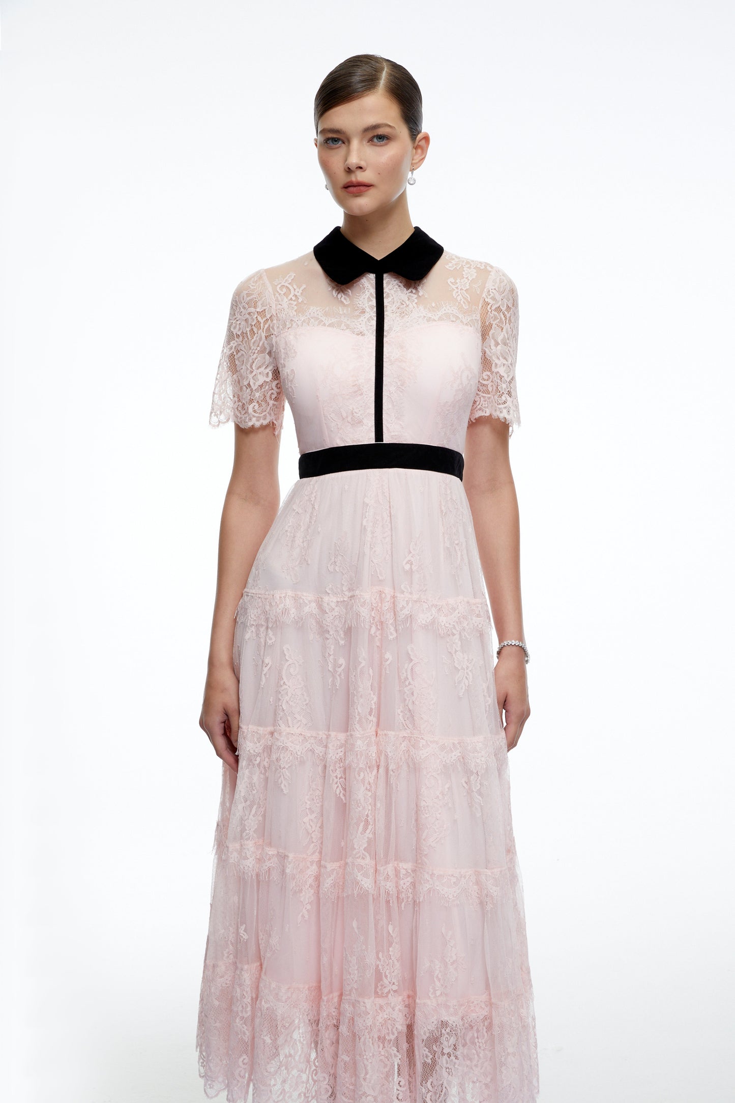 Aveline Pink Floral Lace Tiered Midi Dress