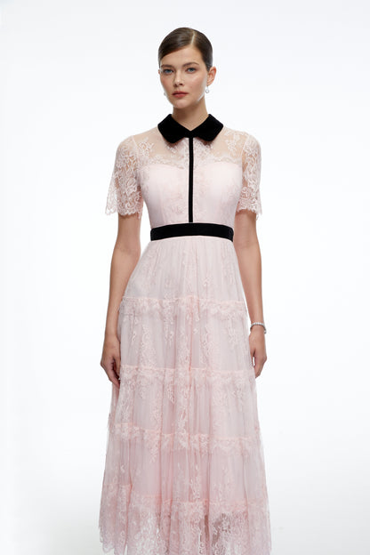 Aveline Pink Floral Lace Tiered Midi Dress