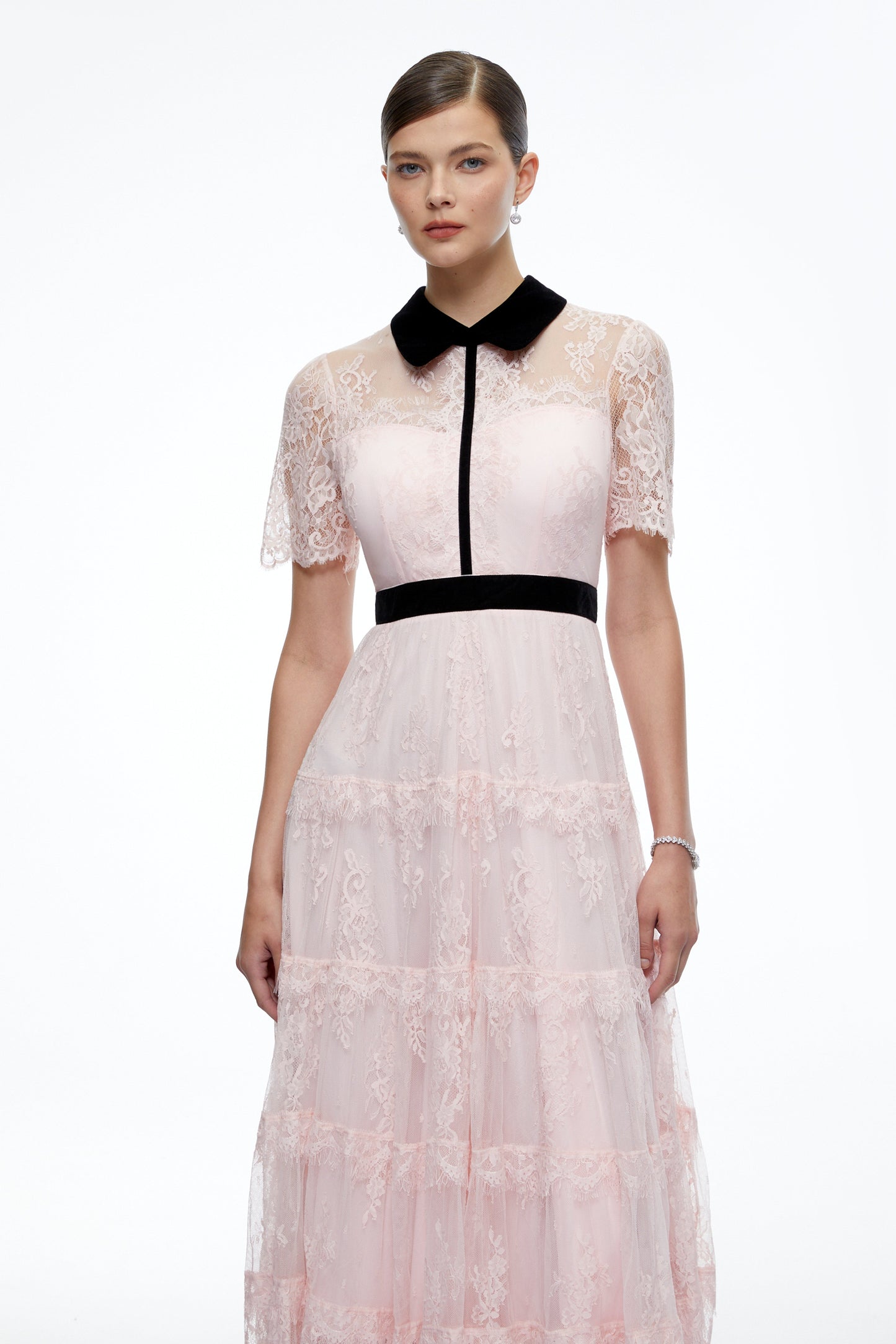 Aveline Pink Floral Lace Tiered Midi Dress