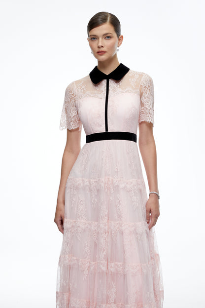 Aveline Pink Floral Lace Tiered Midi Dress