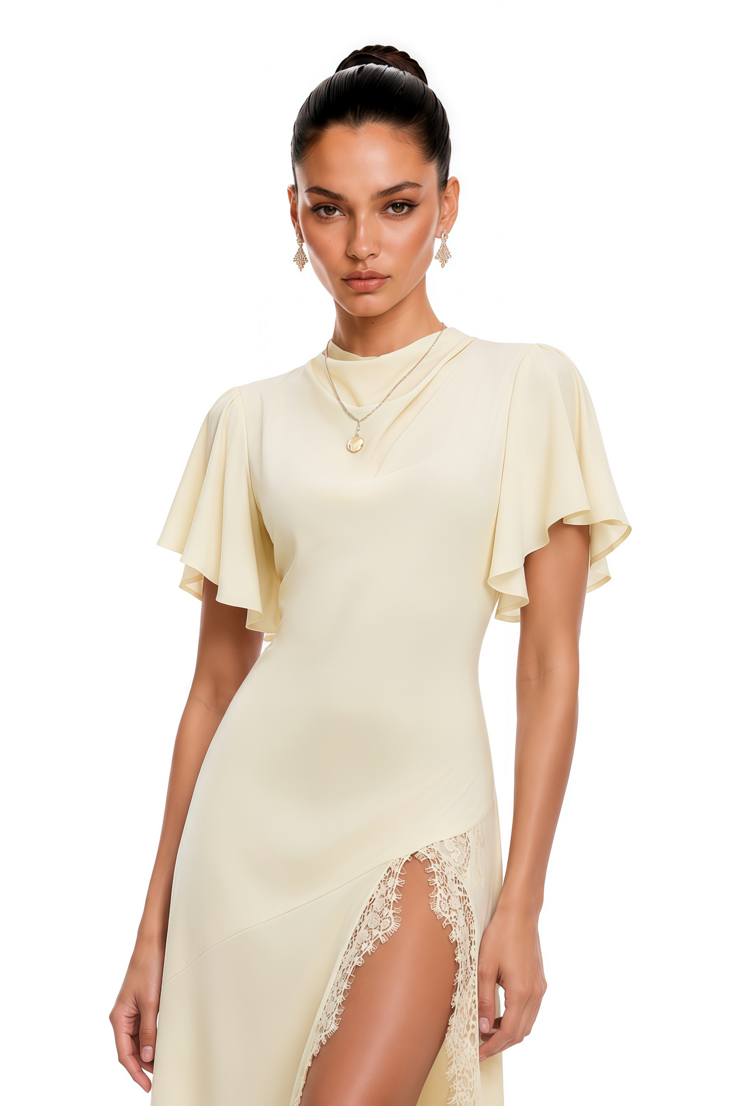 Aveline White Short Sleeves Maxi Dress with Slit
