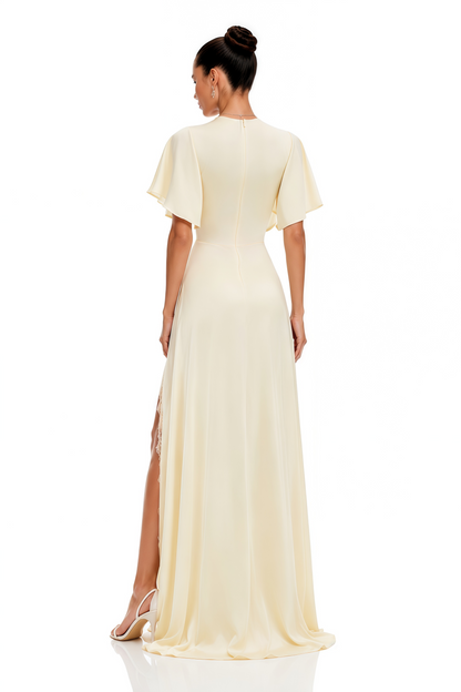 Aveline White Short Sleeves Maxi Dress with Slit