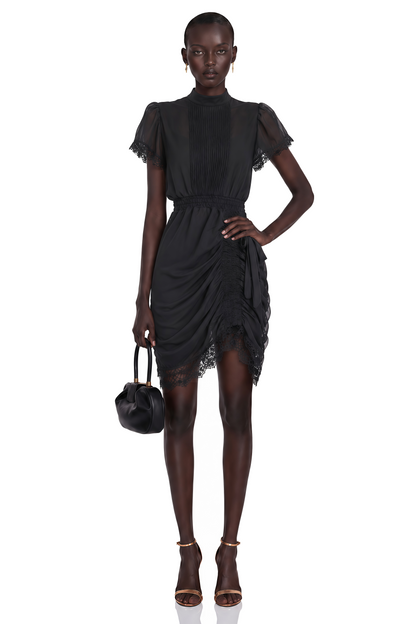 Avis Black Ruched Mini Dress with Lace Trim