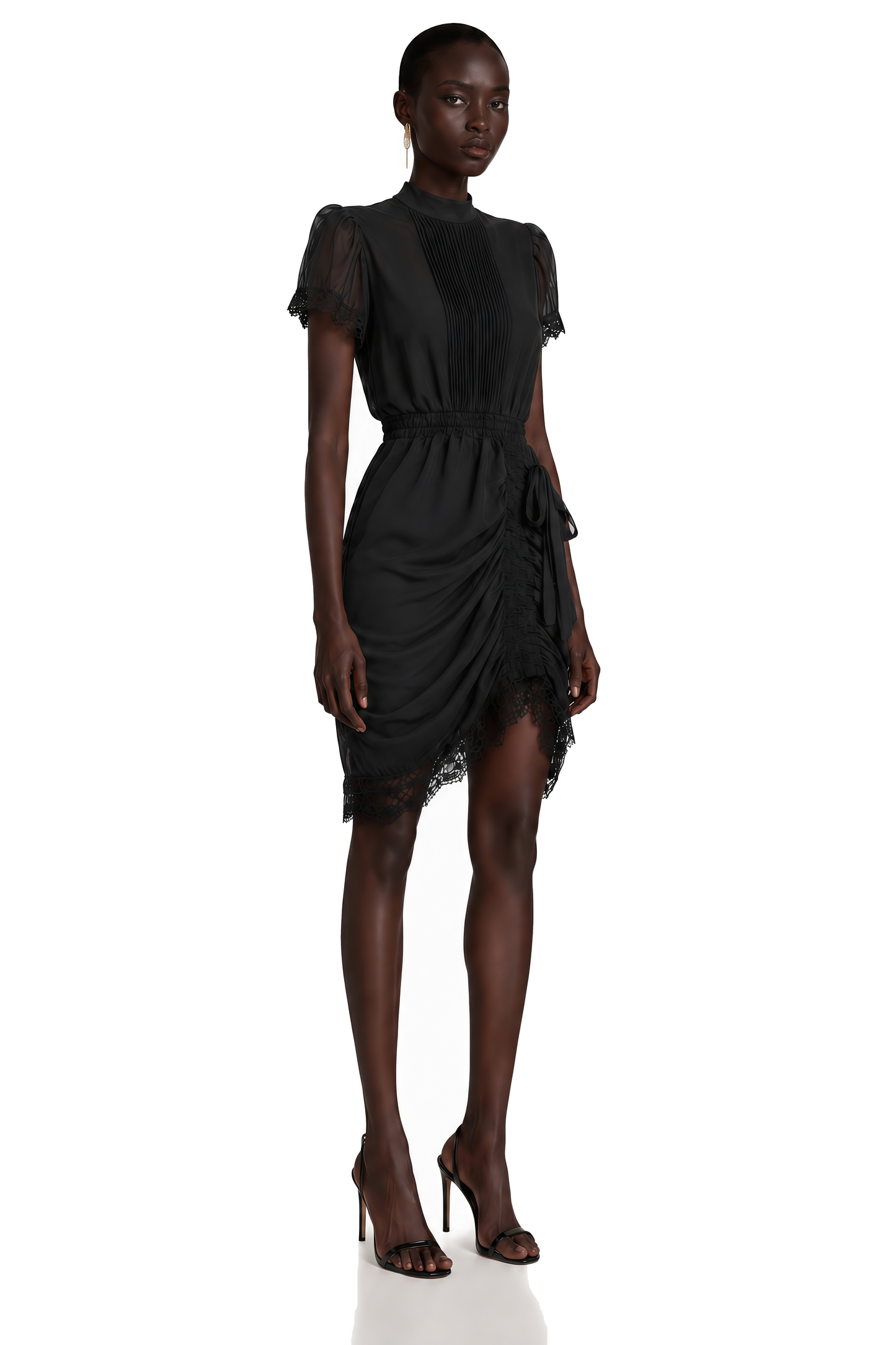 Avis Black Ruched Mini Dress with Lace Trim