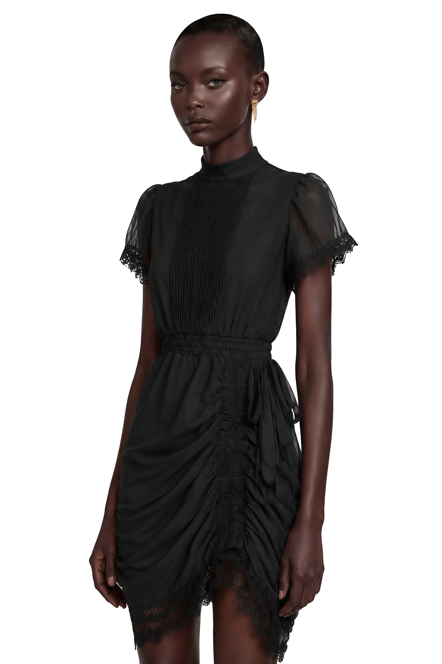 Avis Black Ruched Mini Dress with Lace Trim