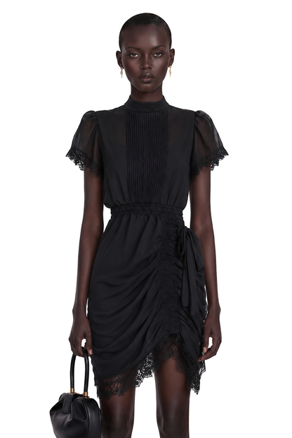 Avis Black Ruched Mini Dress with Lace Trim