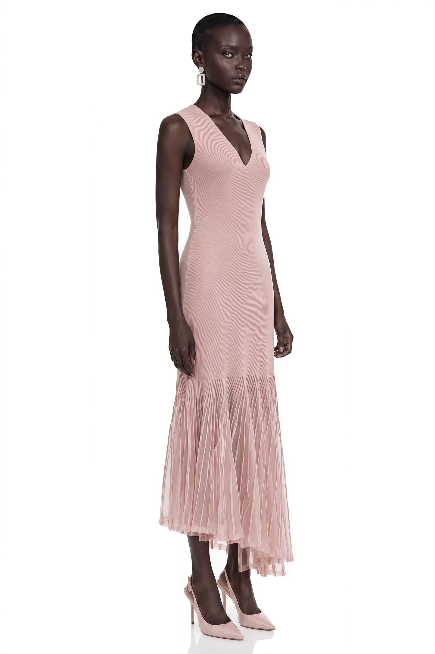 Barbara Pink Pleated Midi Dress with Asymmetrical Hem