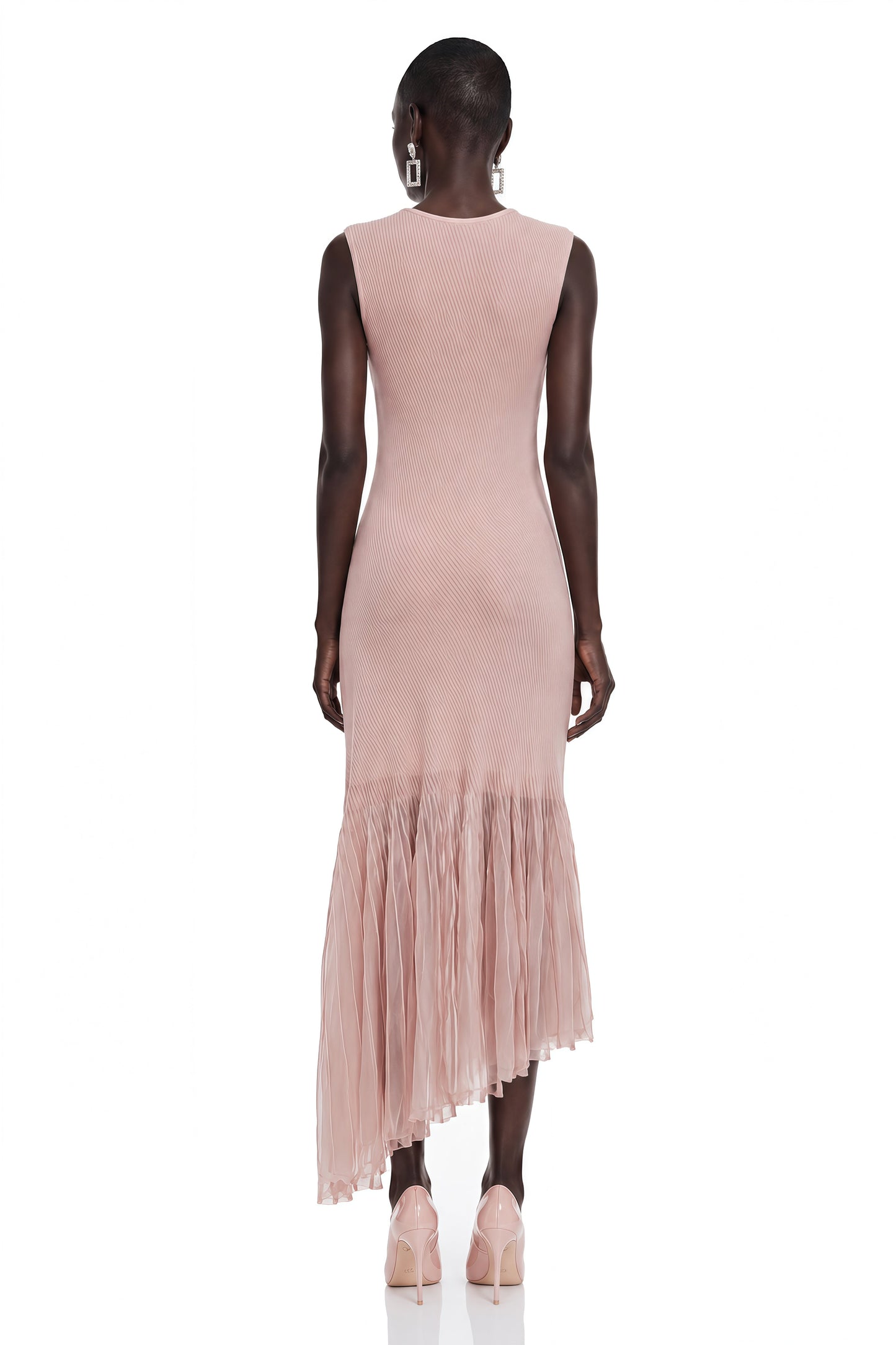 Barbara Pink Pleated Midi Dress with Asymmetrical Hem