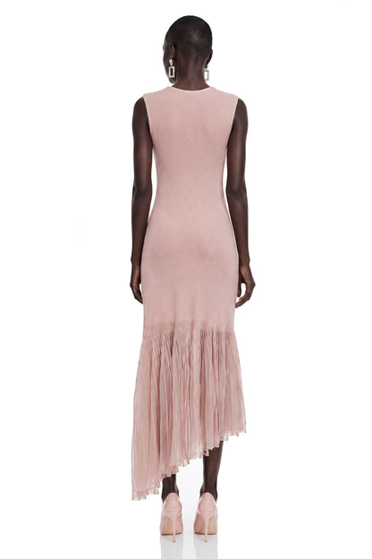 Barbara Pink Pleated Midi Dress with Asymmetrical Hem
