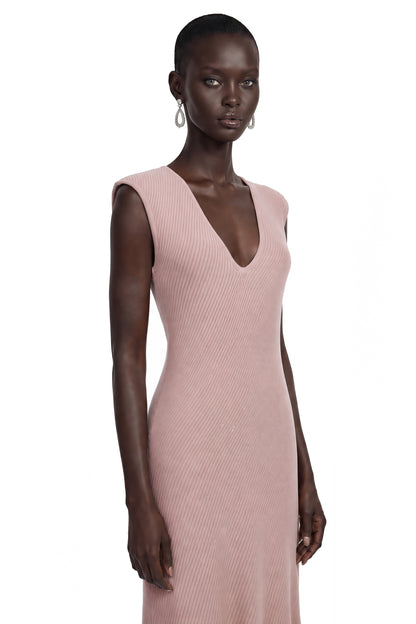Barbara Pink Pleated Midi Dress with Asymmetrical Hem