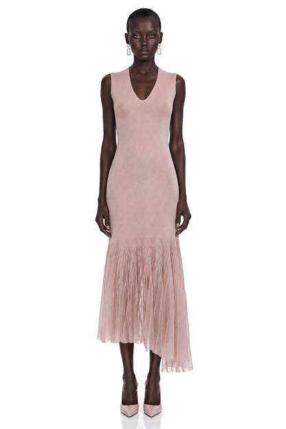 Barbara Pink Pleated Midi Dress with Asymmetrical Hem
