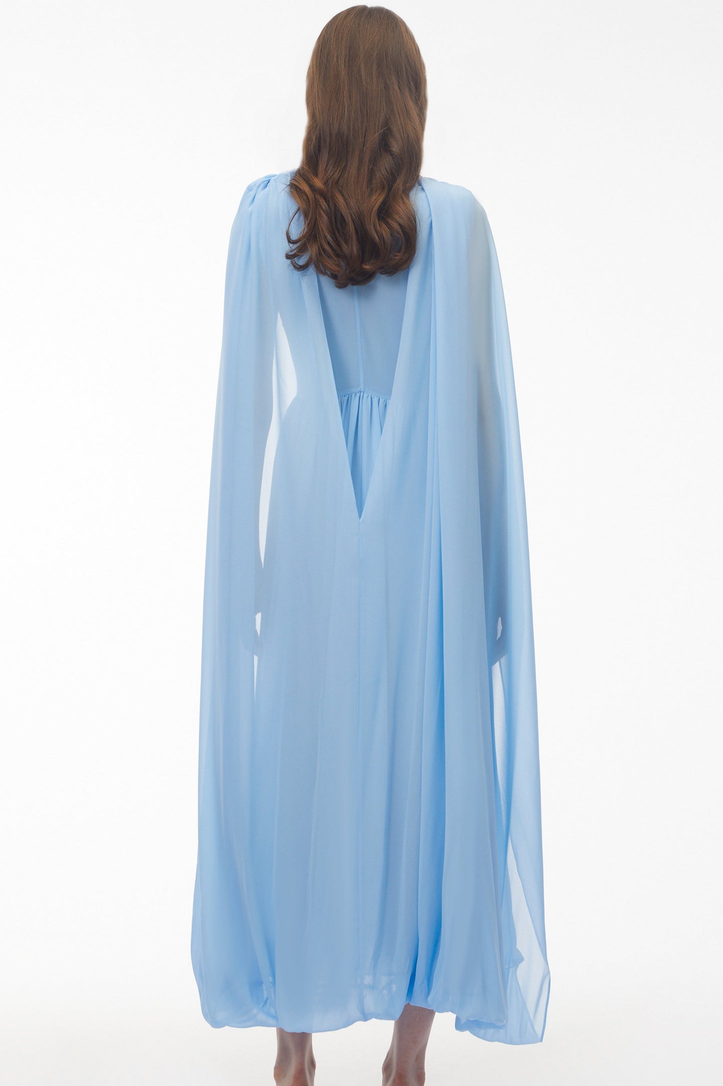 Beatrice Mavi Dantelli Oversize Pelerinli Midi Elbise