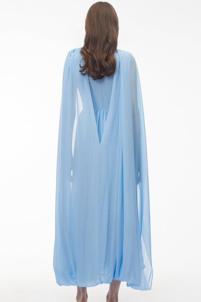 Beatrice Mavi Dantelli Oversize Pelerinli Midi Elbise
