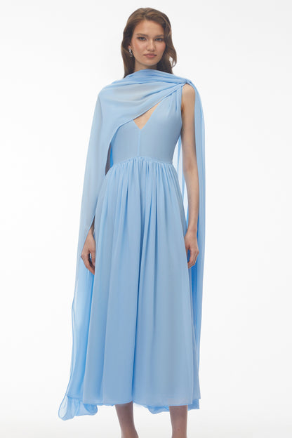Beatrice Mavi Dantelli Oversize Pelerinli Midi Elbise