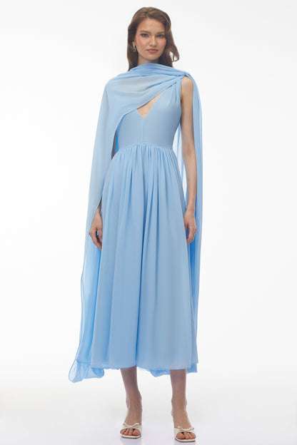 Beatrice Mavi Dantelli Oversize Pelerinli Midi Elbise