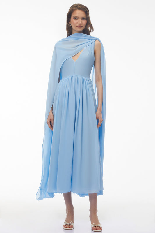 Beatrice Mavi Dantelli Oversize Pelerinli Midi Elbise