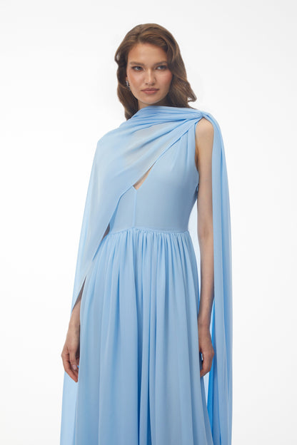 Beatrice Mavi Dantelli Oversize Pelerinli Midi Elbise