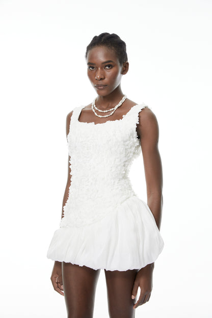 Beatrice White 3D Petal Bubble Mini Dress