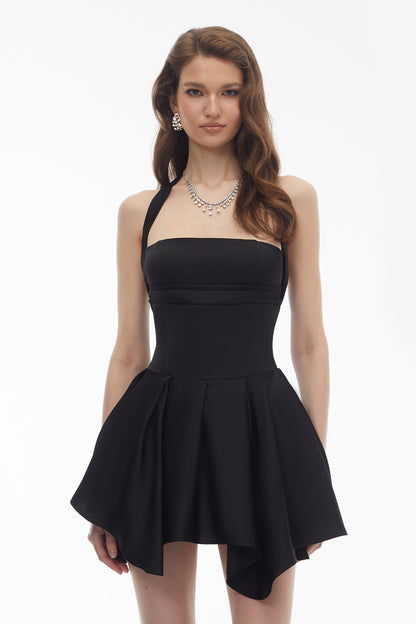 Behnaz Black Halterneck Asymmetrical Mini Dress