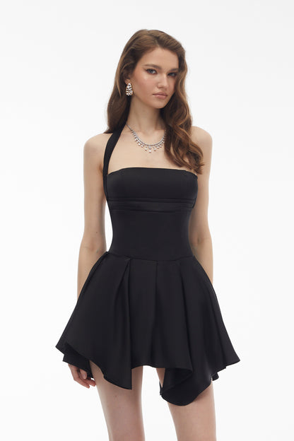 Behnaz Black Halterneck Asymmetrical Mini Dress