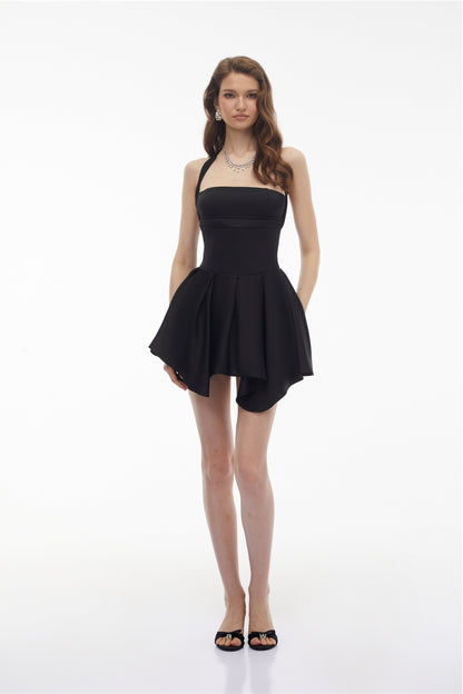 Behnaz Black Halterneck Asymmetrical Mini Dress