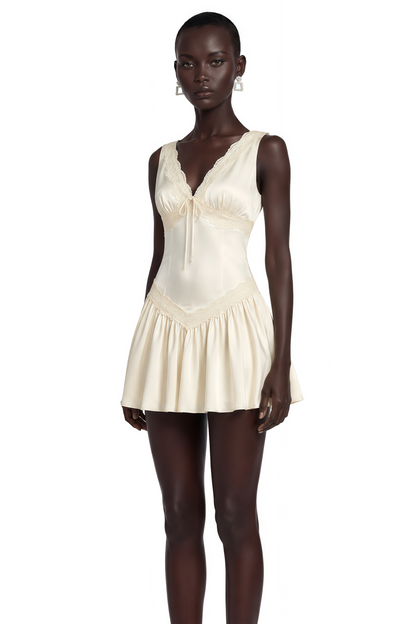 Belinda Ivory V-Neck Mini Dress with Lace Trim