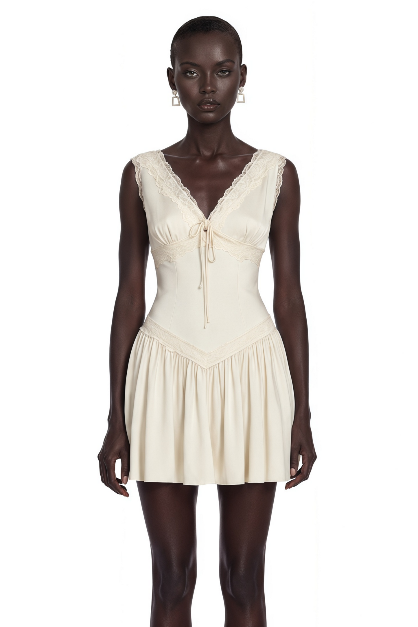 Belinda Ivory V-Neck Mini Dress with Lace Trim
