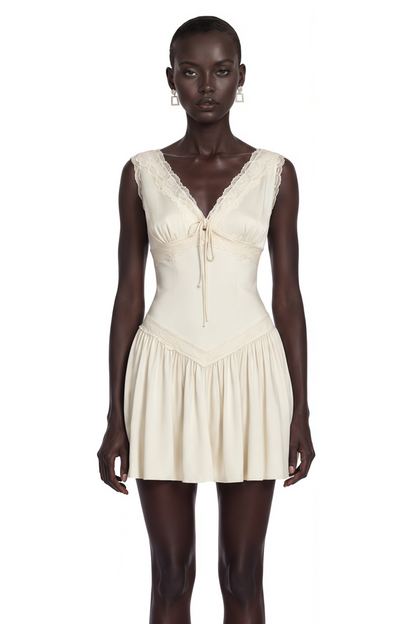 Belinda Ivory V-Neck Mini Dress with Lace Trim