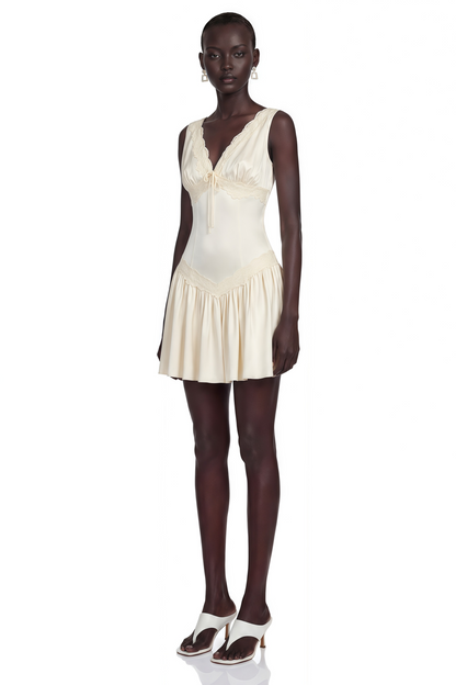 Belinda Ivory V-Neck Mini Dress with Lace Trim
