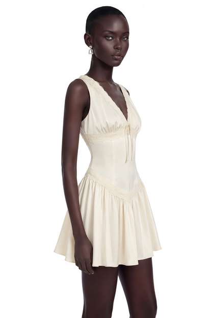 Belinda Ivory V-Neck Mini Dress with Lace Trim