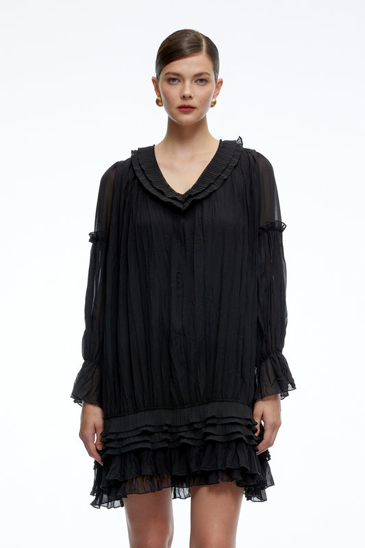 Belladonna Black V-Neck Tiered Mini Dress with Puff Sleeves
