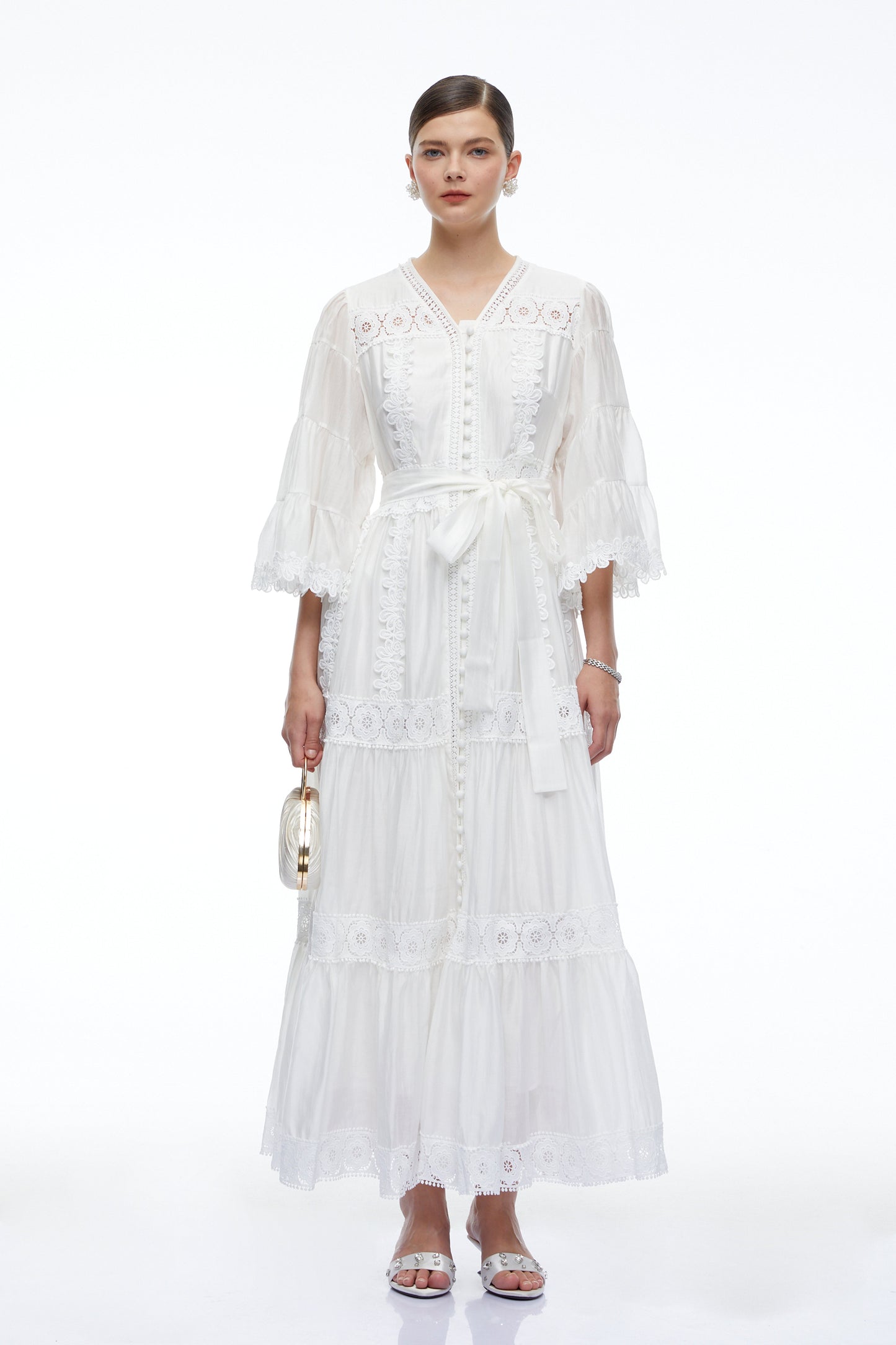 Berengaria Beyaz Dantel Çan Kollu Maxi Elbise