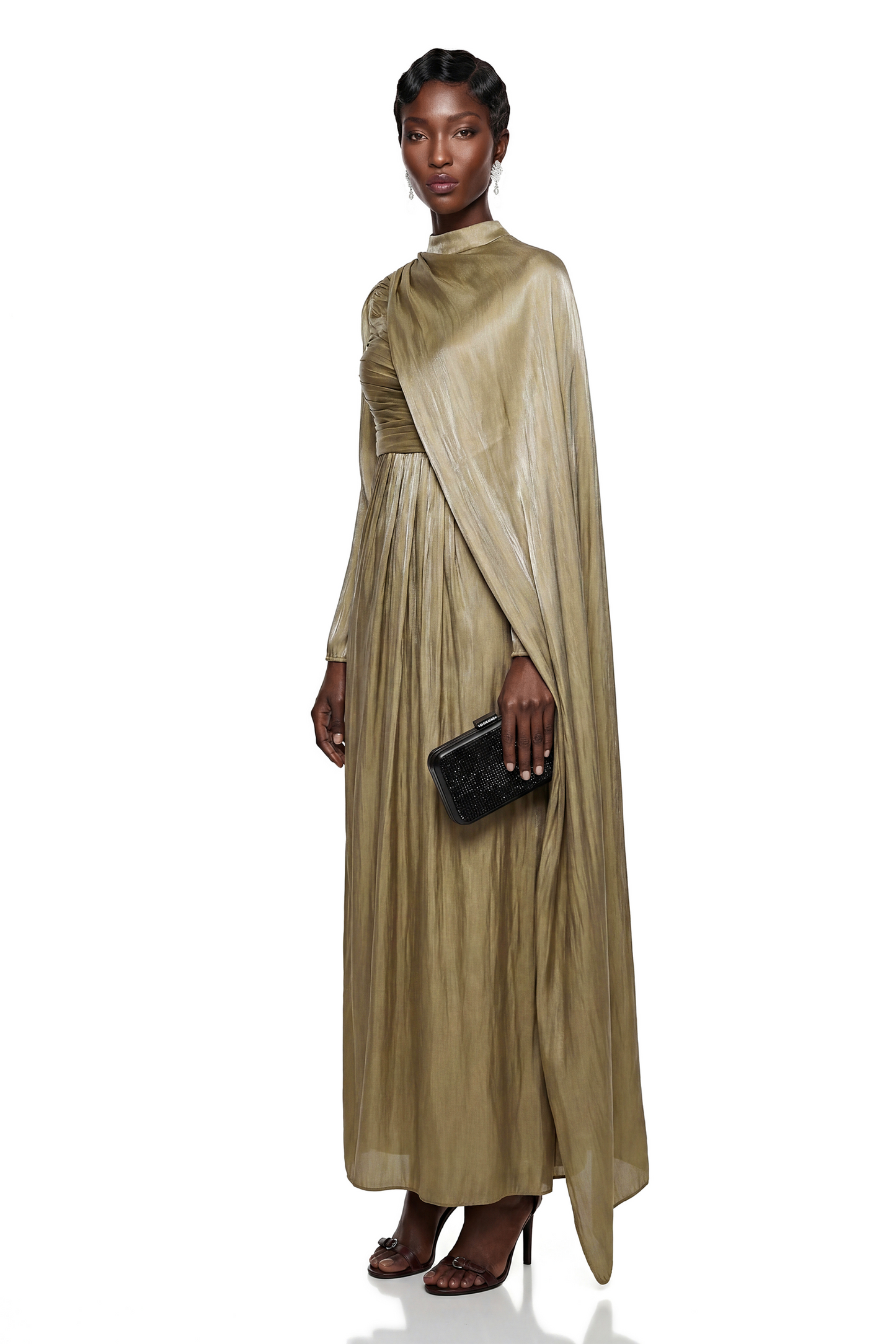 Berenike Gold Glossy Maxi Dress with Cape