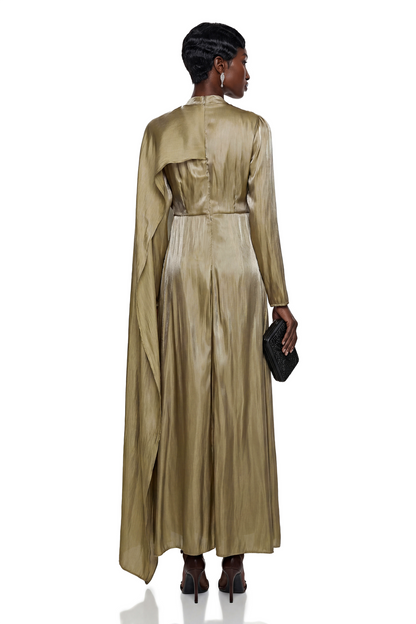 Berenike Gold Glossy Maxi Dress with Cape