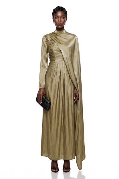 Berenike Gold Glossy Maxi Dress with Cape