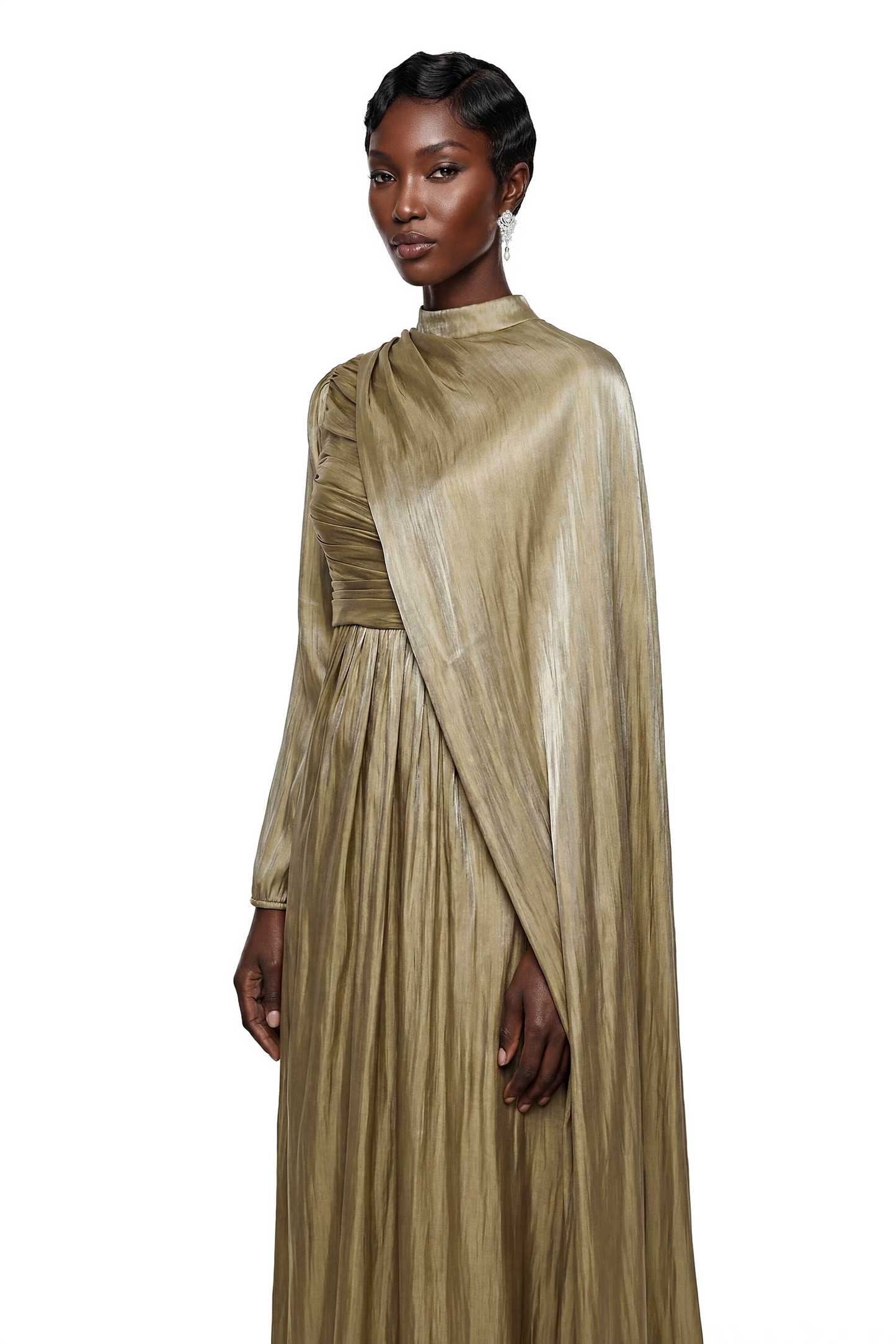 Berenike Gold Glossy Maxi Dress with Cape