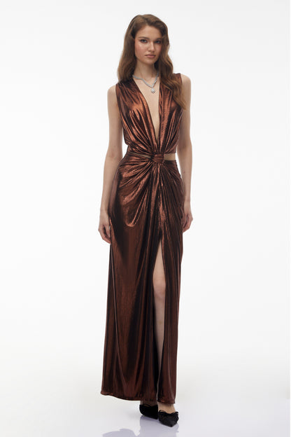 Berenike Metallic Bronze Ruched Satin Maxi Dress