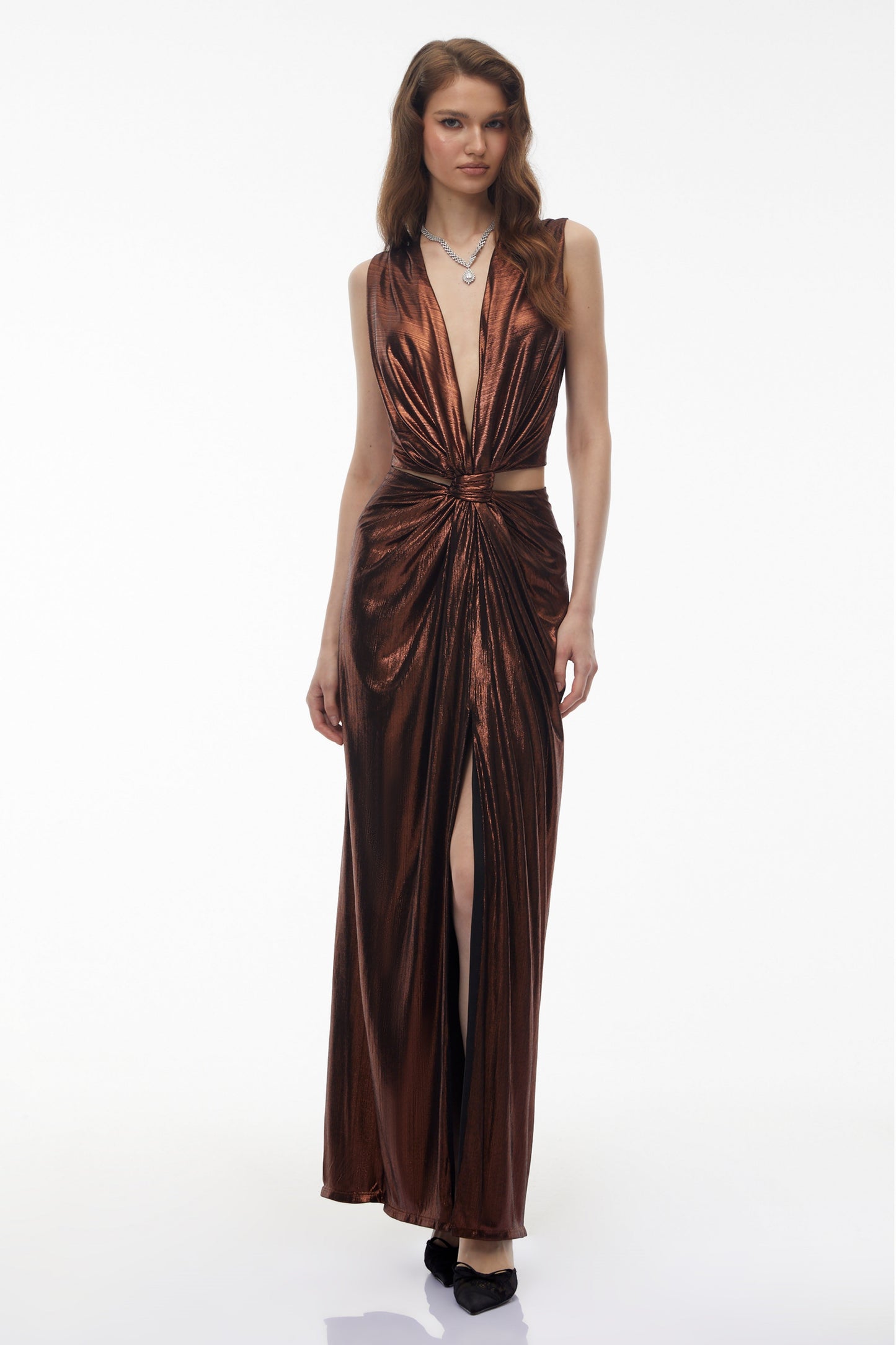 Berenike Metallic Bronze Ruched Satin Maxi Dress