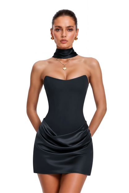 Berit Black Scarf Off Shoulder Ruched Mini Dress