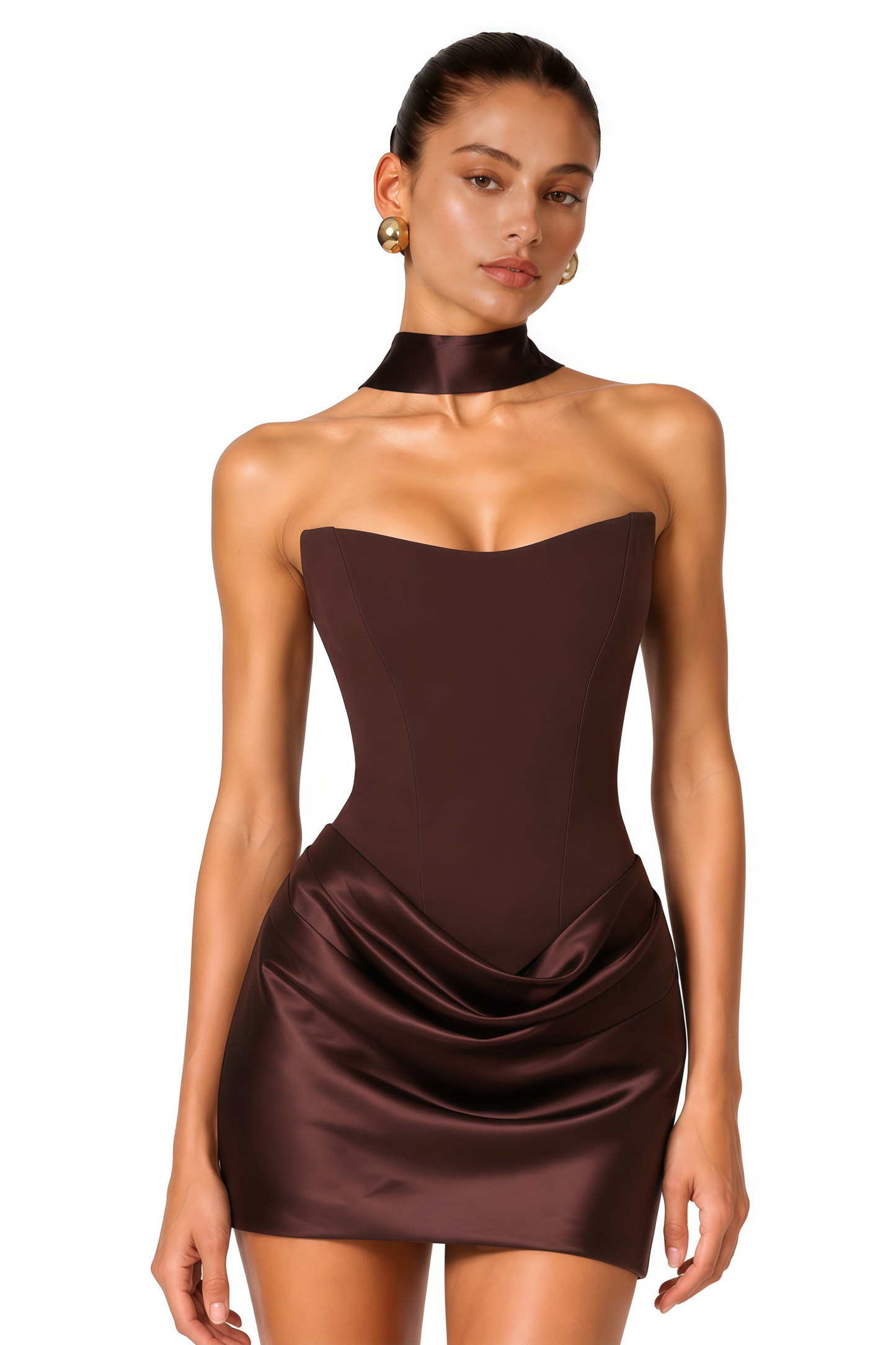 Berit Brown Scarf Off Shoulder Ruched Mini Dress