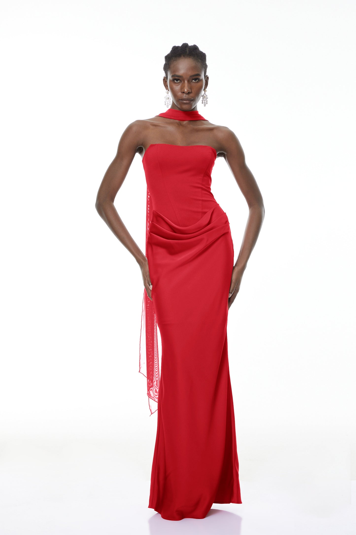 Berit Red Scarf Off Shoulder Ruched Maxi Dress
