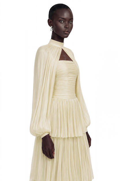 Bernice Yellow Glossy Cape & Tiered Dress Set