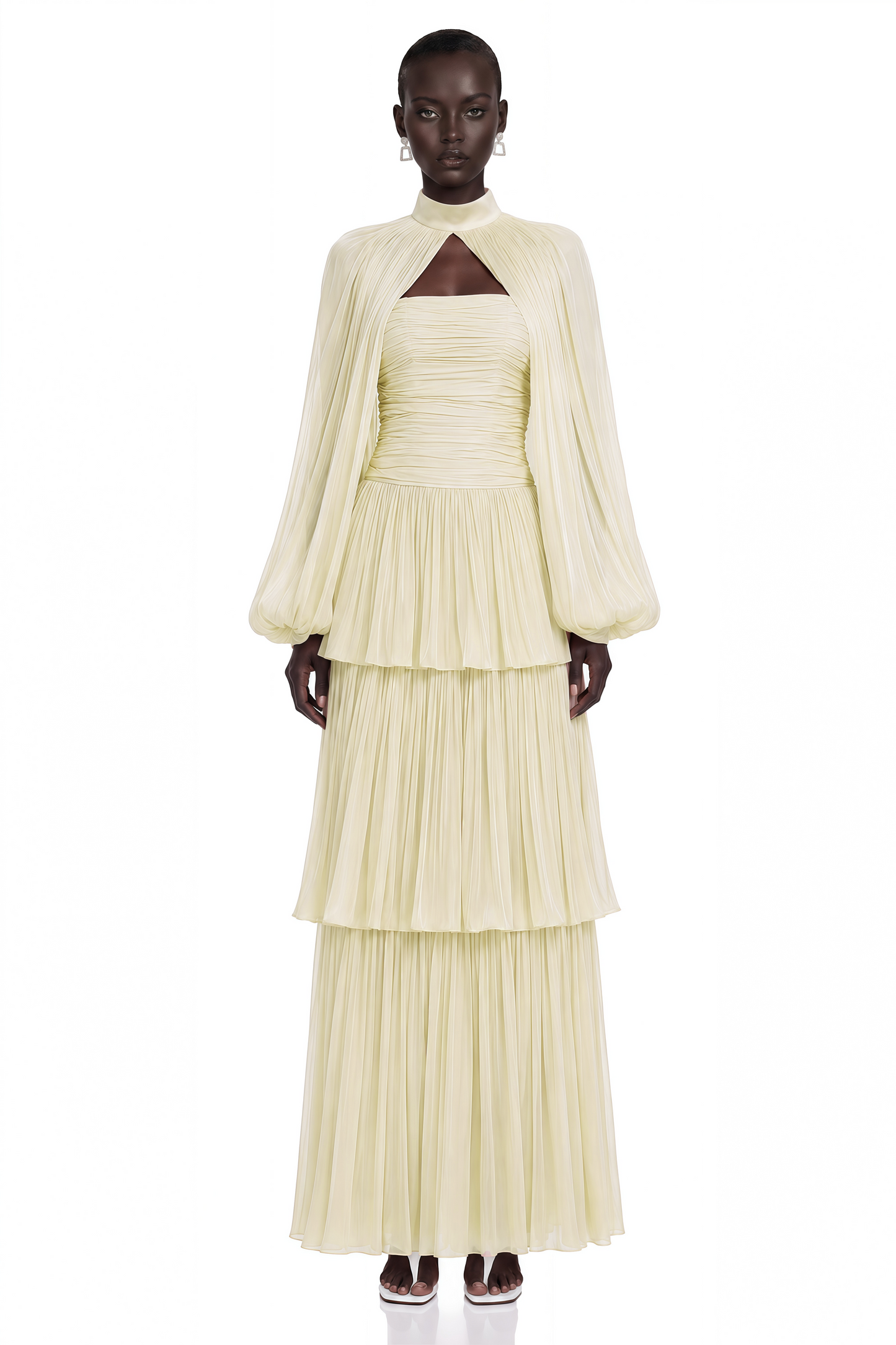 Bernice Yellow Glossy Cape & Tiered Dress Set