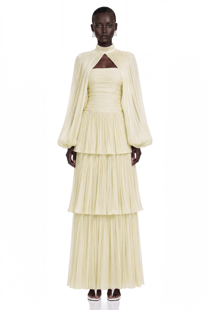 Bernice Yellow Glossy Cape & Tiered Dress Set