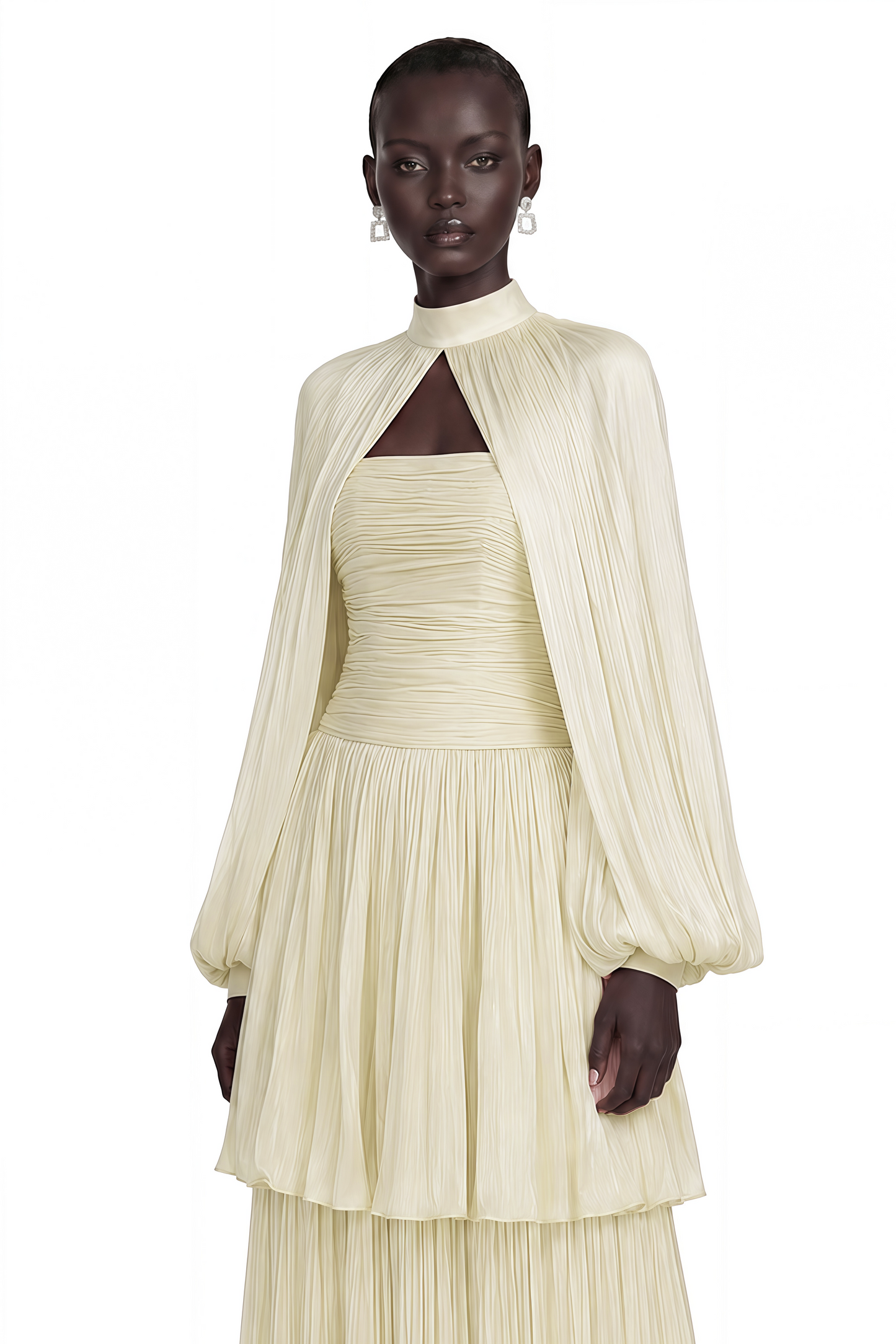 Bernice Yellow Glossy Cape & Tiered Dress Set