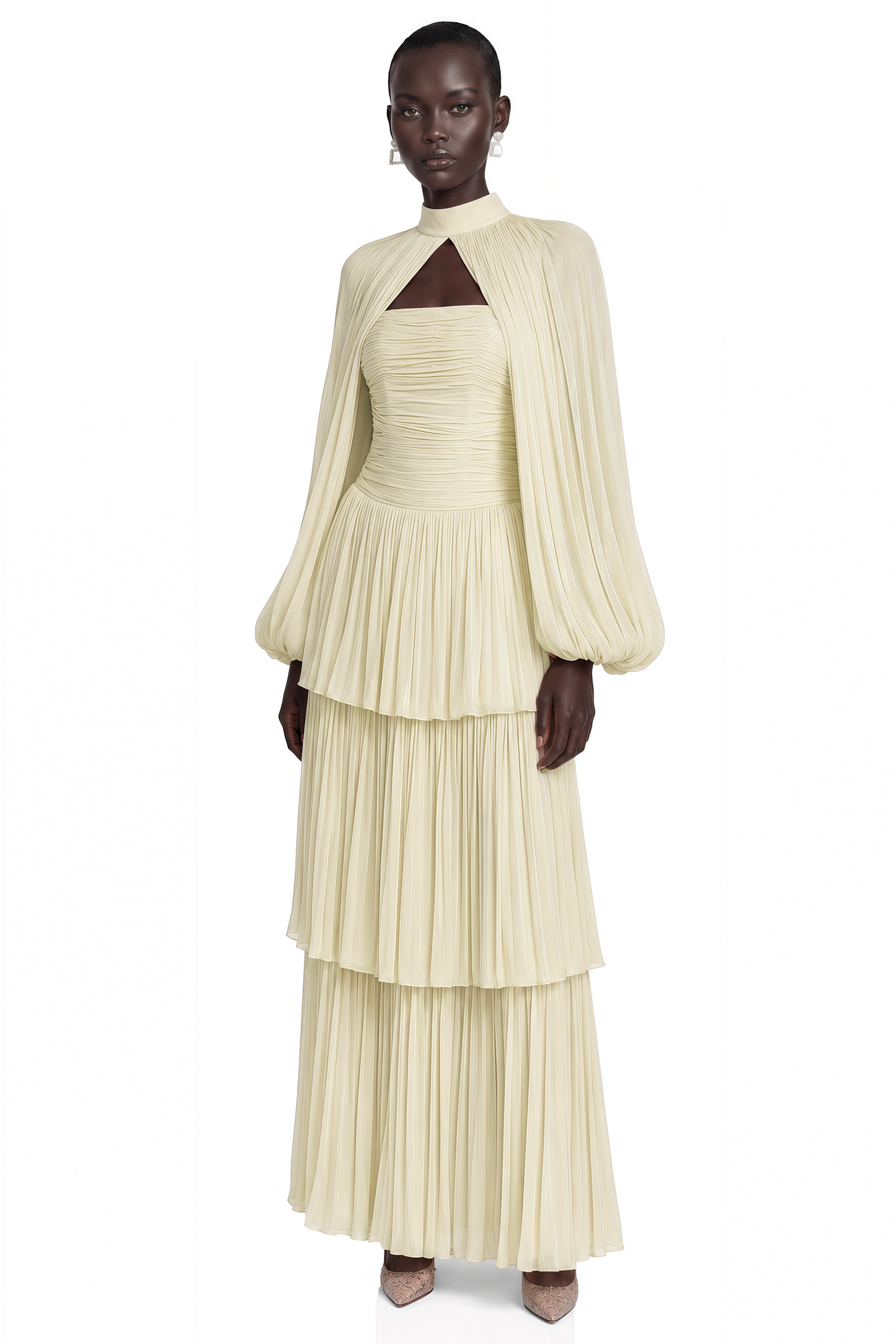 Bernice Yellow Glossy Cape & Tiered Dress Set