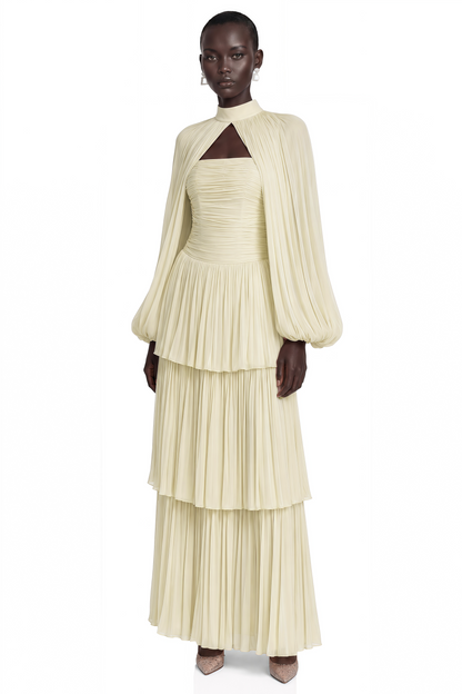 Bernice Yellow Glossy Cape & Tiered Dress Set